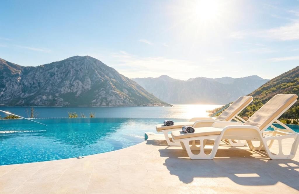 Infinity pool and sun loungers overlooking the Bay of Kotor at Lavender Bay View